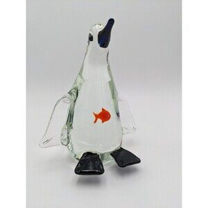 Art Glass Penguin Figurine Fish in Belly Paperweight Handmade Sculpture Heavy 7"